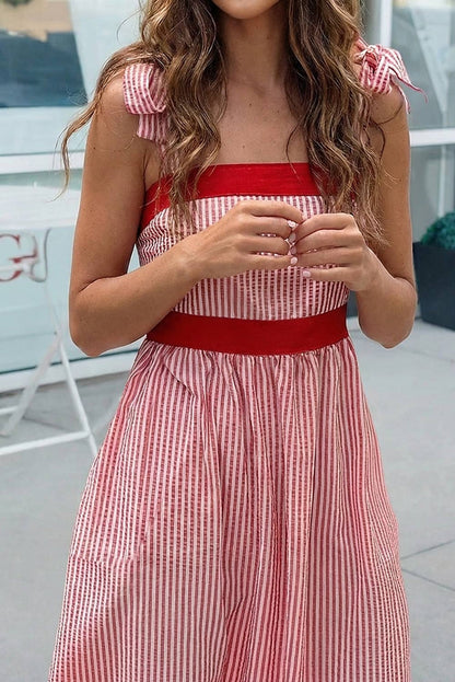 Stripe Bow Knot Straps Contrast Trim Ruffle Hem Dress (S-XL)