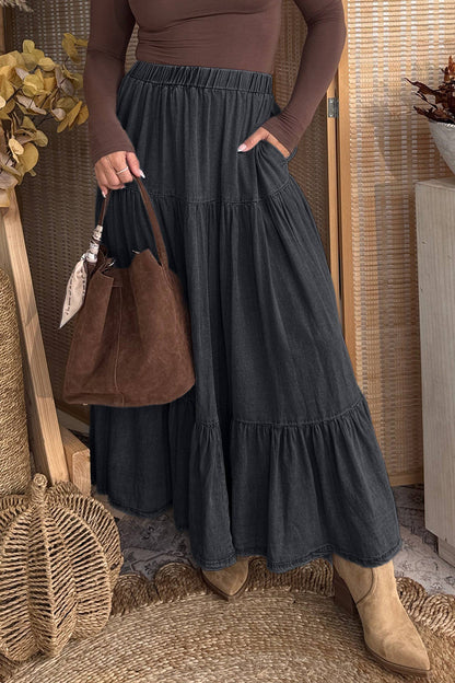 Elastic Waist Ruffled Tiered Flared Denim Maxi Skirt (S-XL)