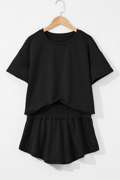 Cropped Tee and Ruffle High Waist Skort 2pcs Set (S-XL)