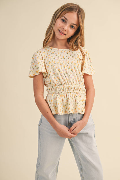 TWEEN KIDS GIRLS ROUND NECK FLUTTER SLV PEPLUM TOP (7-14)