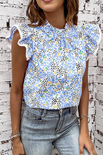 66Floral Abstract Print High Neck Flutter Sleeves Top (S-XL)