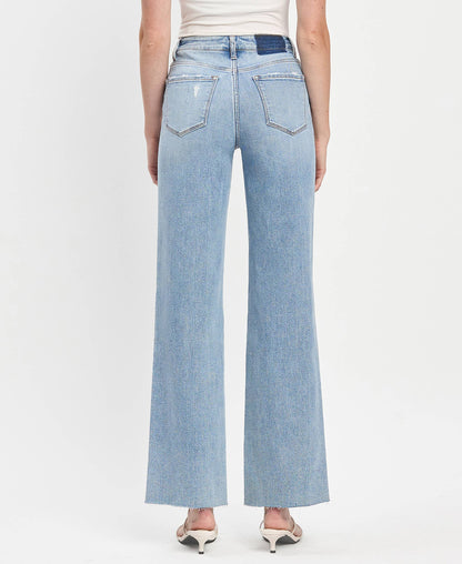 HIGH RISE CLEAN CUT RAW HEM WIDE LEG JEANS T6597