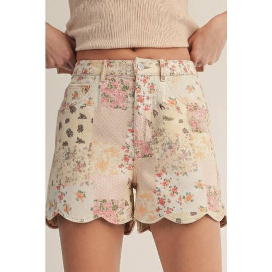 Vintage Pastel Floral Patchwork Scalloped Shorts
