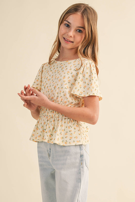 TWEEN KIDS GIRLS ROUND NECK FLUTTER SLV PEPLUM TOP (7-14)