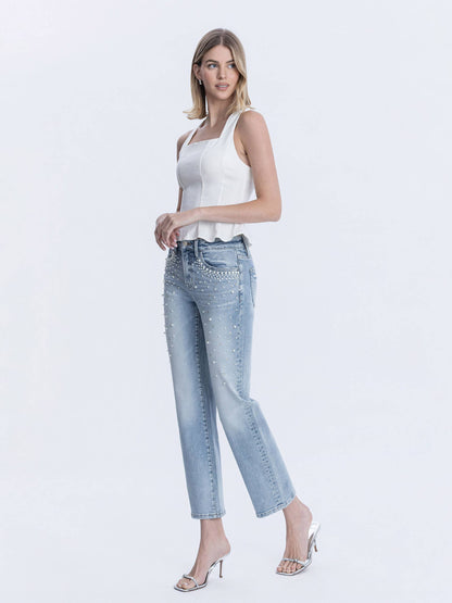 HIGH RISE PEARL AND RHINESTONE STRAIGHT LEG JEANS T7108