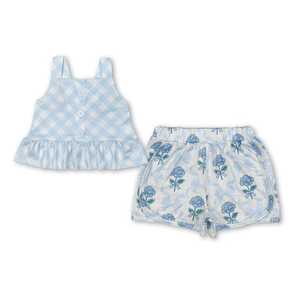 Light blue bow floral top shorts kids girls clothes