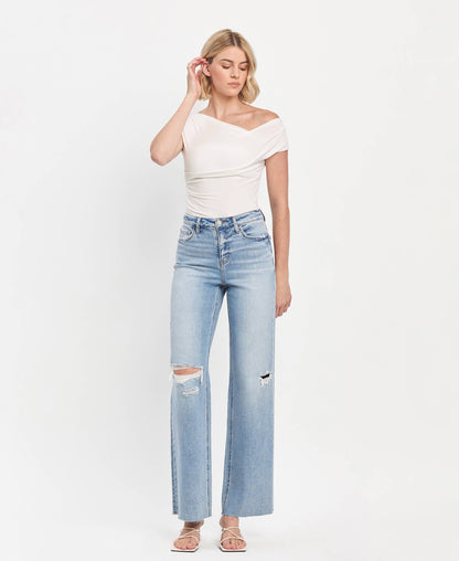 HIGH RISE CLEAN CUT RAW HEM WIDE LEG JEANS T6597