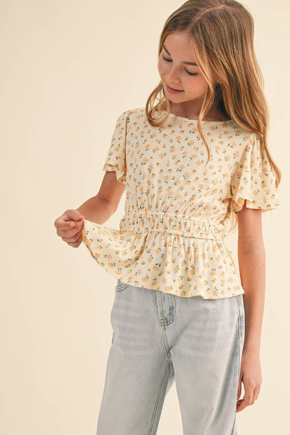 TWEEN KIDS GIRLS ROUND NECK FLUTTER SLV PEPLUM TOP (7-14)
