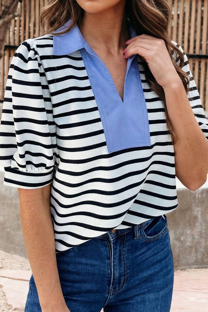 Stripe Puff Sleeve Color Block Polo Collar Blouse (S-XL)