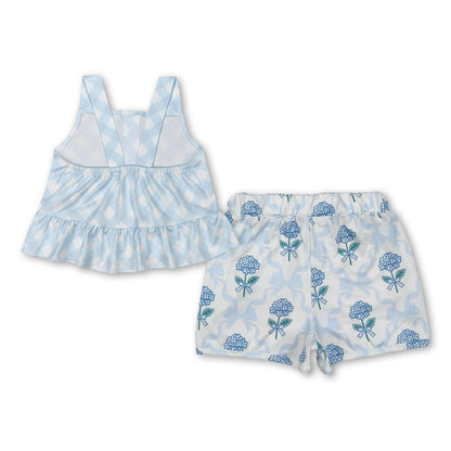 Light blue bow floral top shorts kids girls clothes