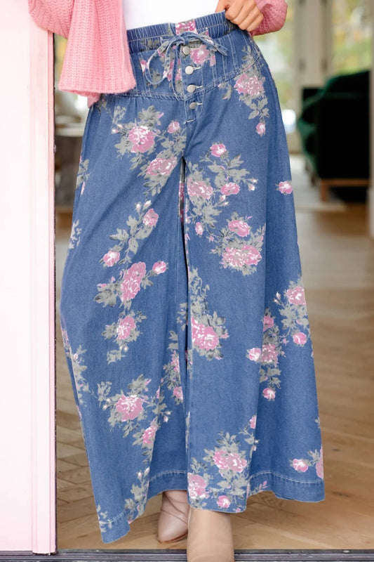 Floral Print Button Tie Elastic Waist Wide Leg Jeans