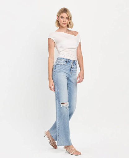 HIGH RISE CLEAN CUT RAW HEM WIDE LEG JEANS T6597
