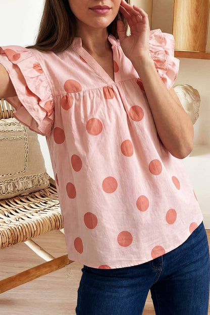 Polka Dot Print V Neck Ruffle Sleeve Blouse (S-XL)