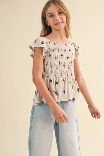 TWEEN KIDS GIRLS FLUTTER SLEEVE SMOCKED TOP (7-14)