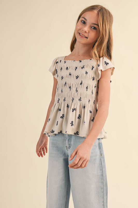 TWEEN KIDS GIRLS FLUTTER SLEEVE SMOCKED TOP (7-14)
