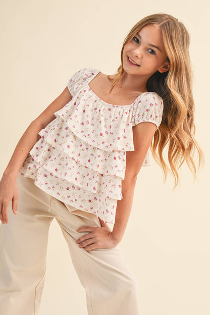 TWEEN KIDS GIRLS RUCHED SHOULDER RUFFLE CROPPED TOP (7-14)
