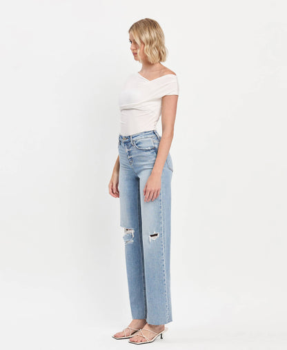 HIGH RISE CLEAN CUT RAW HEM WIDE LEG JEANS T6597