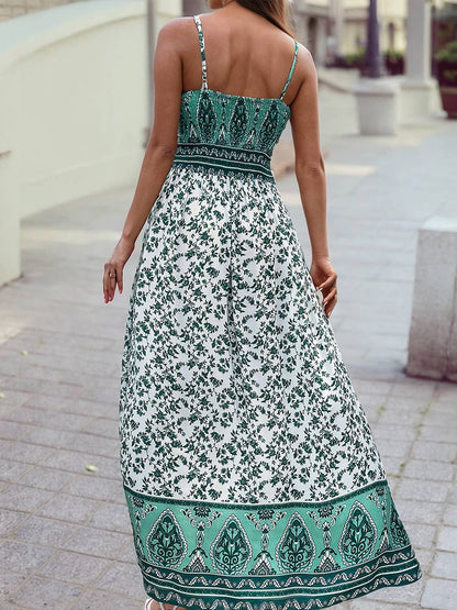 Green Leafy Color Block Patchwork Shirred Maxi Cami Dress