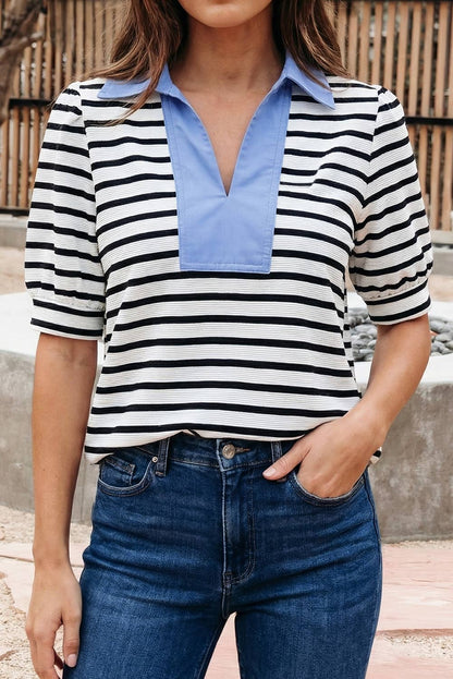 Stripe Puff Sleeve Color Block Polo Collar Blouse (S-XL)