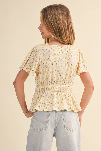 TWEEN KIDS GIRLS ROUND NECK FLUTTER SLV PEPLUM TOP (7-14)