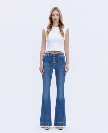 MID RISE BUTTON FLY TROUSER HEM FLARE JEANS T5848