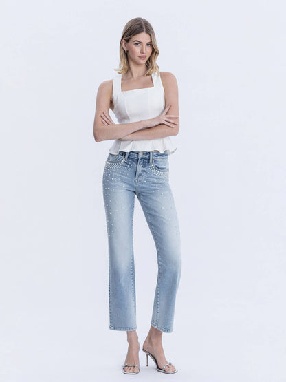 HIGH RISE PEARL AND RHINESTONE STRAIGHT LEG JEANS T7108