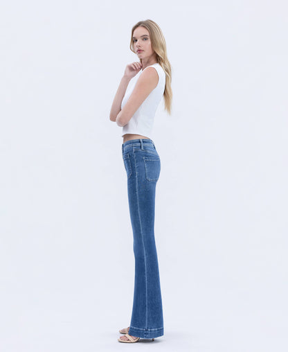 MID RISE BUTTON FLY TROUSER HEM FLARE JEANS T5848