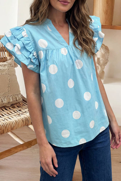 Polka Dot Print V Neck Ruffle Sleeve Blouse (S-XL)