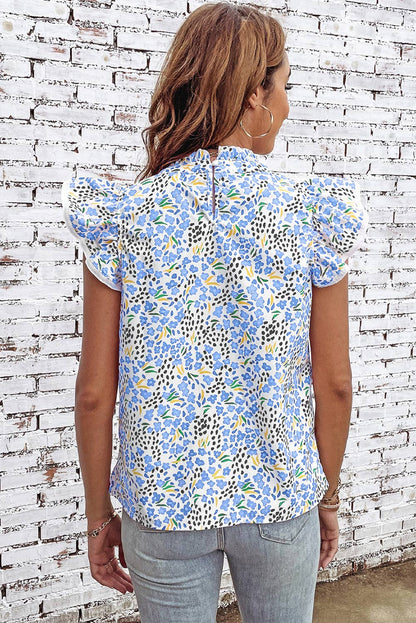 66Floral Abstract Print High Neck Flutter Sleeves Top (S-XL)