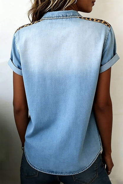 66Denim Button Down Leopard Detail Short Sleeve Shirt (S-XL)