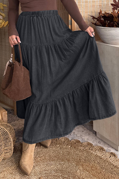 Elastic Waist Ruffled Tiered Flared Denim Maxi Skirt (S-XL)