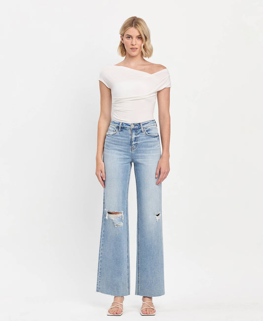 HIGH RISE CLEAN CUT RAW HEM WIDE LEG JEANS T6597