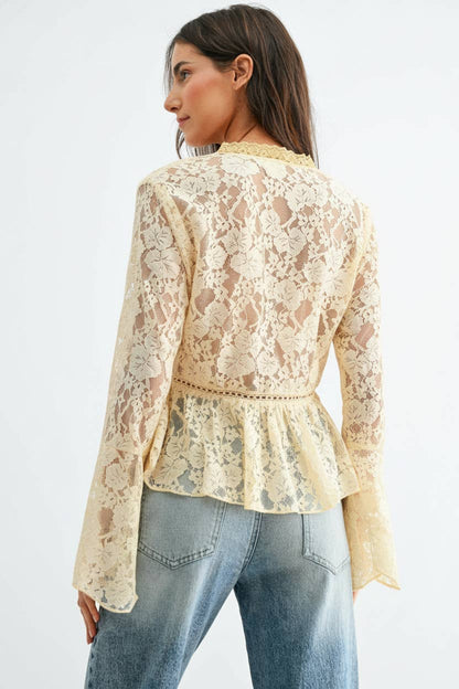 CT10147J Lace Button-Down Blouse with Flared Sleeves