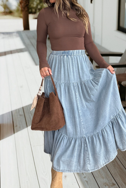 Elastic Waist Ruffled Tiered Flared Denim Maxi Skirt (S-XL)
