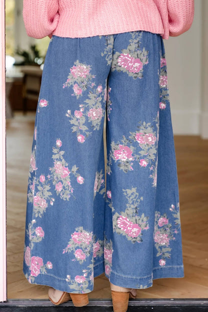 Floral Print Button Tie Elastic Waist Wide Leg Jeans
