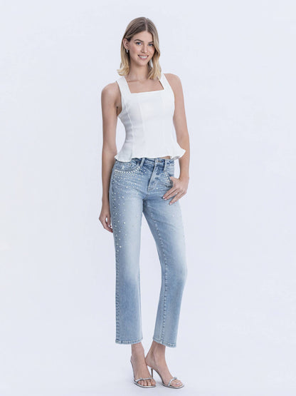 HIGH RISE PEARL AND RHINESTONE STRAIGHT LEG JEANS T7108