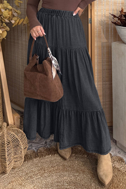 Elastic Waist Ruffled Tiered Flared Denim Maxi Skirt (S-XL)