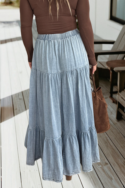 Elastic Waist Ruffled Tiered Flared Denim Maxi Skirt (S-XL)