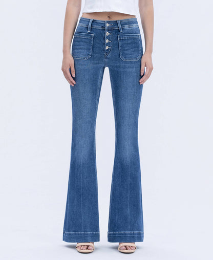 MID RISE BUTTON FLY TROUSER HEM FLARE JEANS T5848