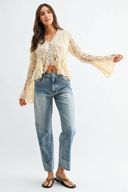 CT10147J Lace Button-Down Blouse with Flared Sleeves