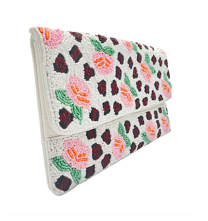 Beaded Floral Clutch Crossbody Bag, Rose Leopard Beaded Bag 