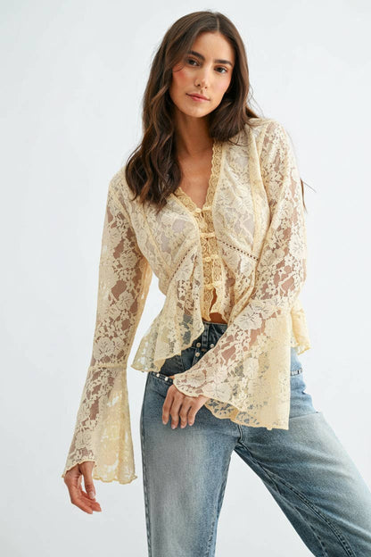 CT10147J Lace Button-Down Blouse with Flared Sleeves