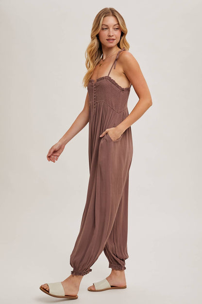 GAUZE SMOCKED BUTTON FRONT SHOULDER TIE JUMPSUIT