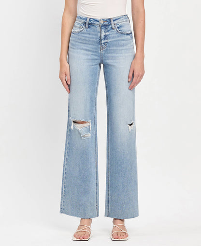 HIGH RISE CLEAN CUT RAW HEM WIDE LEG JEANS T6597