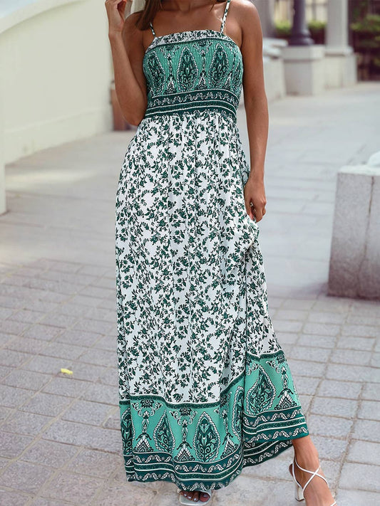 Green Leafy Color Block Patchwork Shirred Maxi Cami Dress