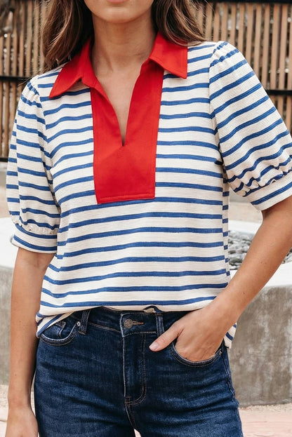 Stripe Puff Sleeve Color Block Polo Collar Blouse (S-XL)