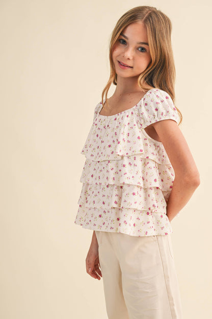 TWEEN KIDS GIRLS RUCHED SHOULDER RUFFLE CROPPED TOP (7-14)