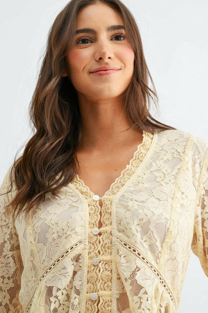 CT10147J Lace Button-Down Blouse with Flared Sleeves