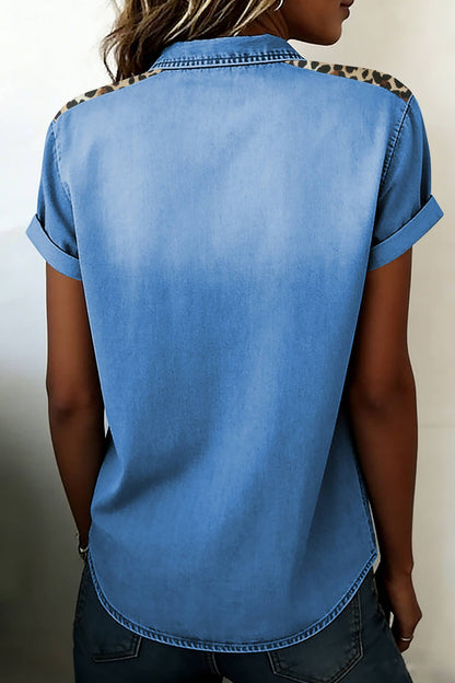 66Denim Button Down Leopard Detail Short Sleeve Shirt (S-XL)