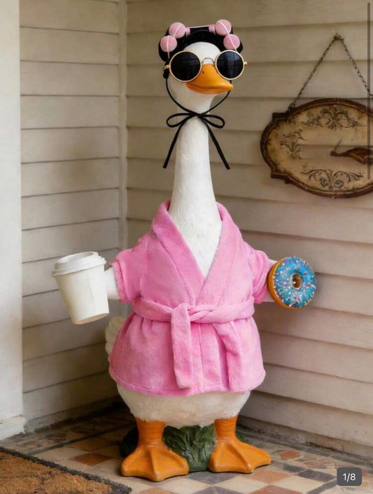 Three-piece porch, goose outfit, robe, and doughnut